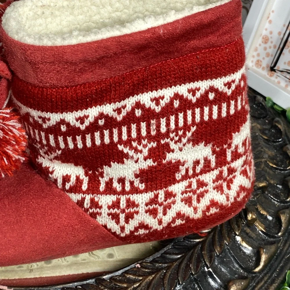 Red Slipper Boots with Pom Poms